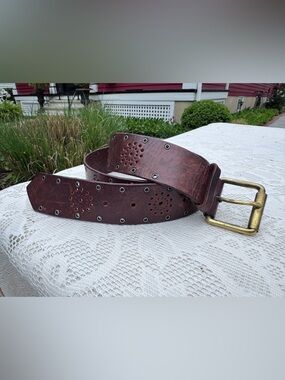 Women's Brown Leather Belt with Decorative Perforation
